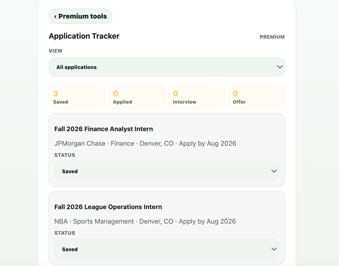 Internly application tracker interface