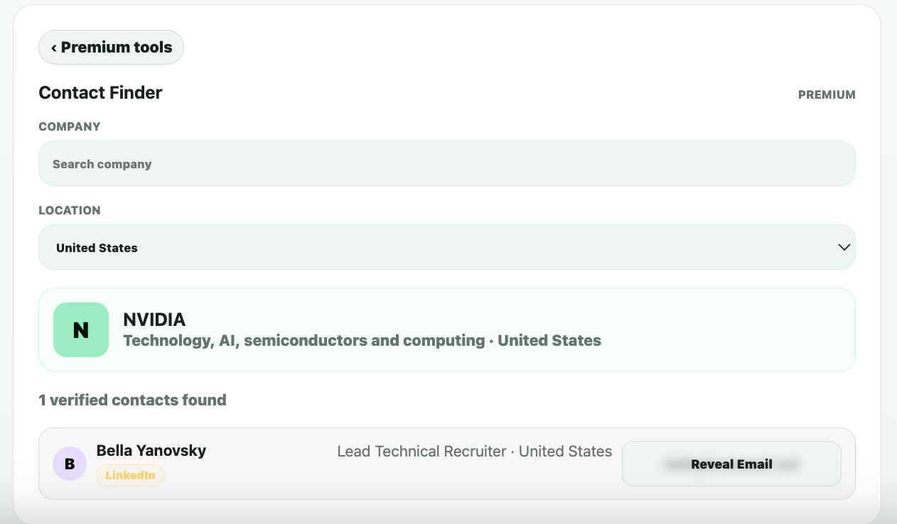Internly contact finder interface