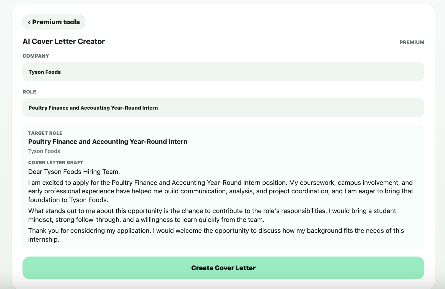 Internly AI cover letter creator interface