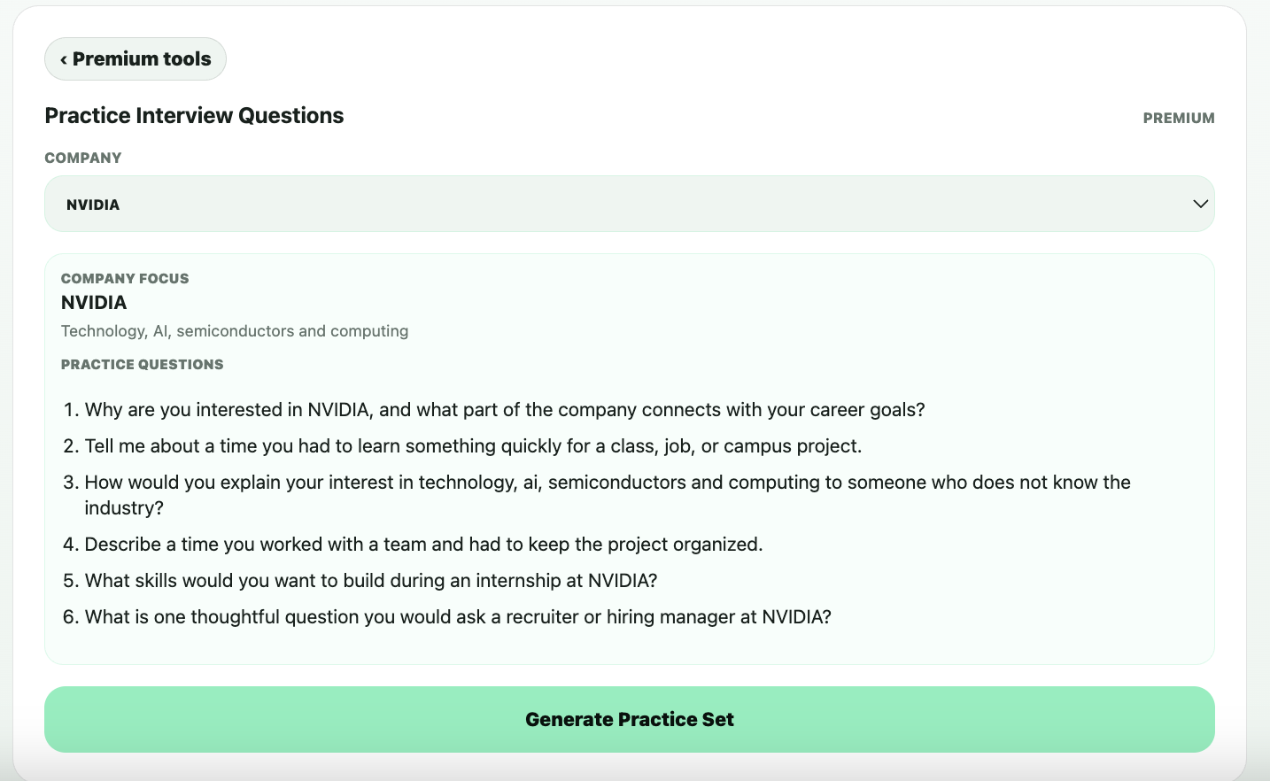 Internly practice interview questions interface