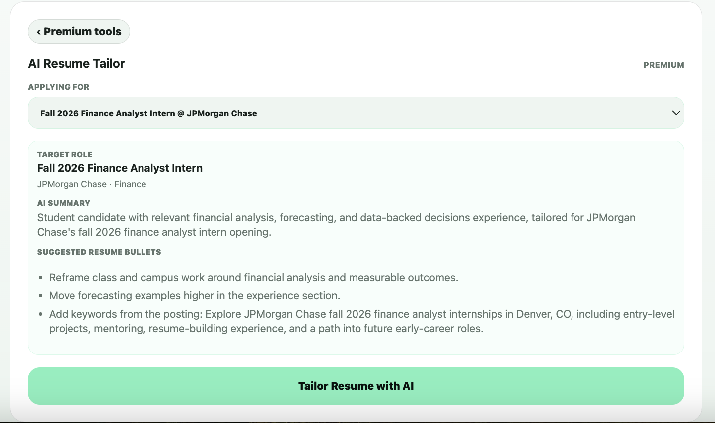Internly AI resume tailor interface